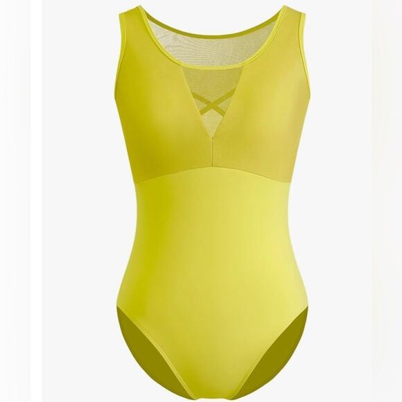 Women's Mesh Cross Hollow Back Gymnastics Tank Leotard Macha Yellow - Picture 1 of 7
